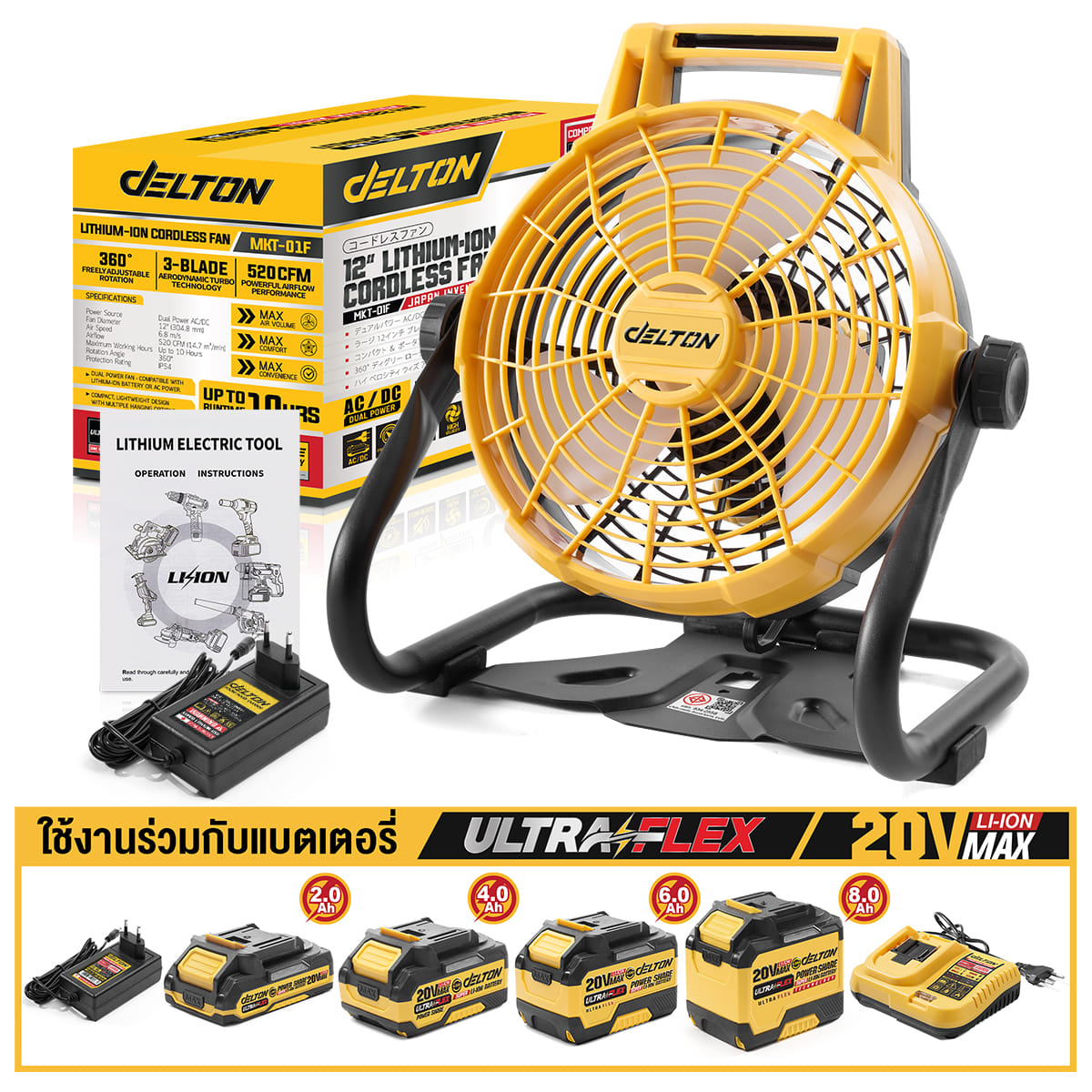 พัดลมไร้สาย 12 นิ้ว (พร้อมแบตเตอรี่) DELTON รุ่น MKT-01F ULTRAFLEX 20V 4AH_9